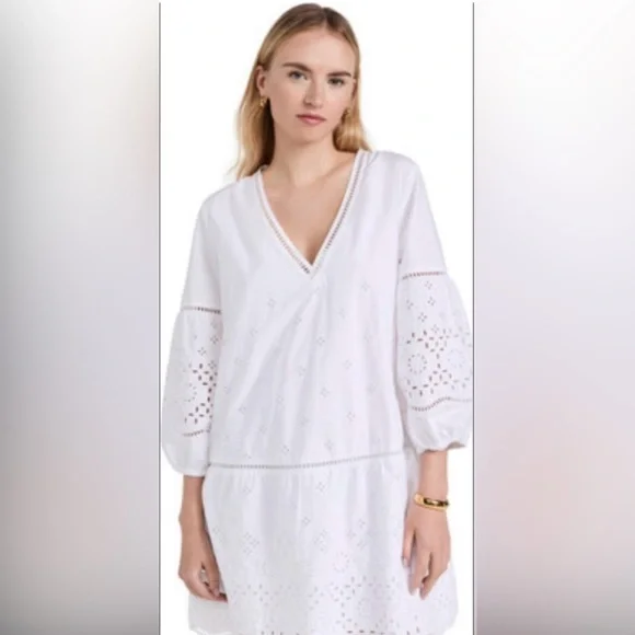 CLUB MONACO Women's Eyelet lightly lined Mini Dress 3/4 Sleeve White. Loose fit - Picture 10 of 11